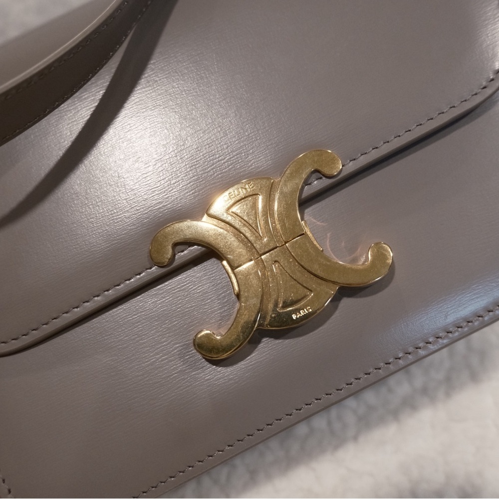 Celine Triomphe Leather Shoulder Bag in Taupe